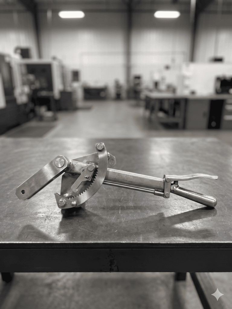 Custom fabricated steel tractor part on a dark gray metal workbench inside a modern manufacturing facility.